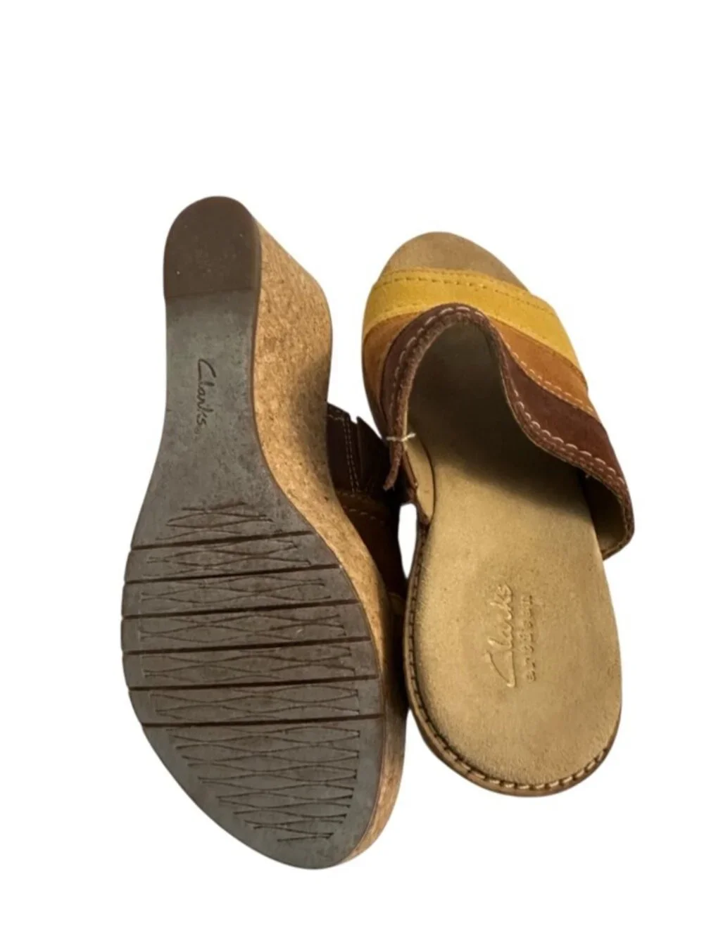 Clarks Aisley Lily Colorblock Suede Cork Wedge Slide Sandals Size 8